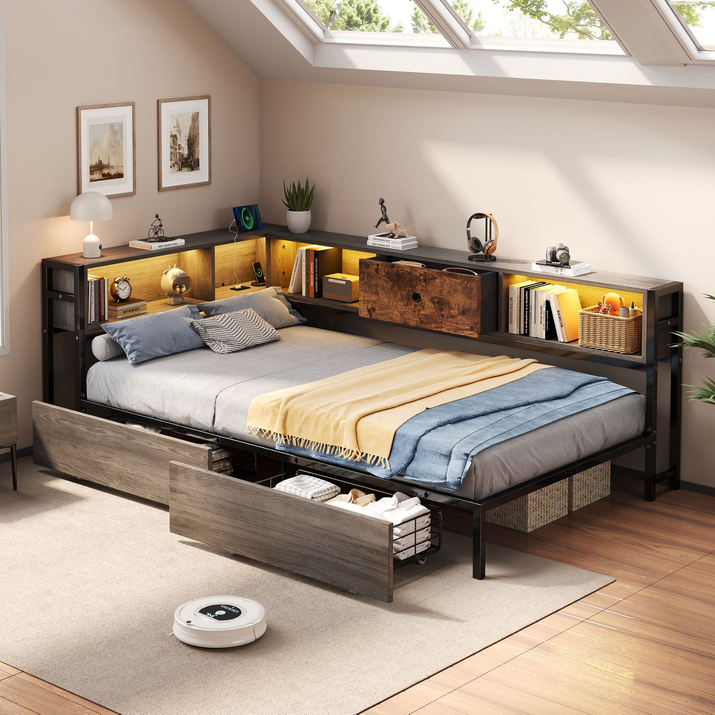 3ft Single Metal And Wood Bed With RGB LED Lights & Charging Station USB & Type-C, Built-in Shelves And Bedside Storage, Two Storage Drawers, Two Assembly Methods, Grey, Rustic Brown No Mattress