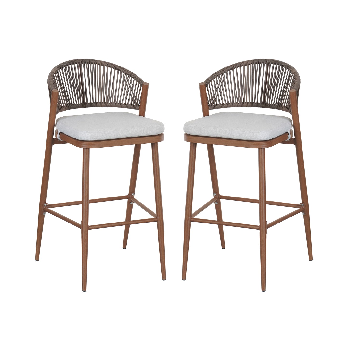 Outdoor 30.25 Seat Height Aluminum Frame Barstools With PE Rattan Scallop-shaped Backrest, Set Of 2, Teak Finish