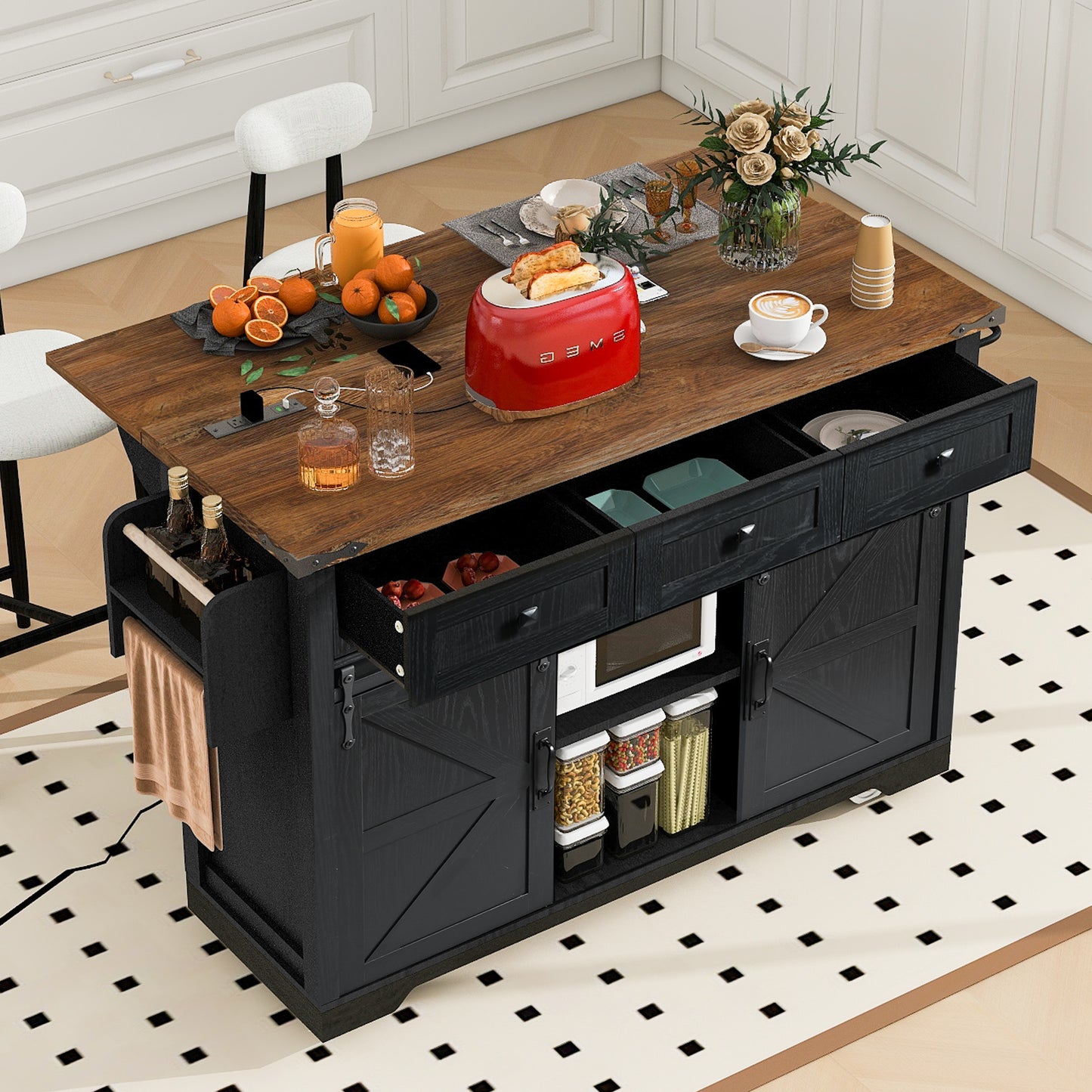 K&K 53.7  Farmhouse Kitchen Island With Power Outlet, 2 Sliding Barn Door Kitchen Storage Island With Drop Leaf, Spice Rack Rolling Kitchen Cart On Wheels, For Home, Kitchen And Dining Room, Black