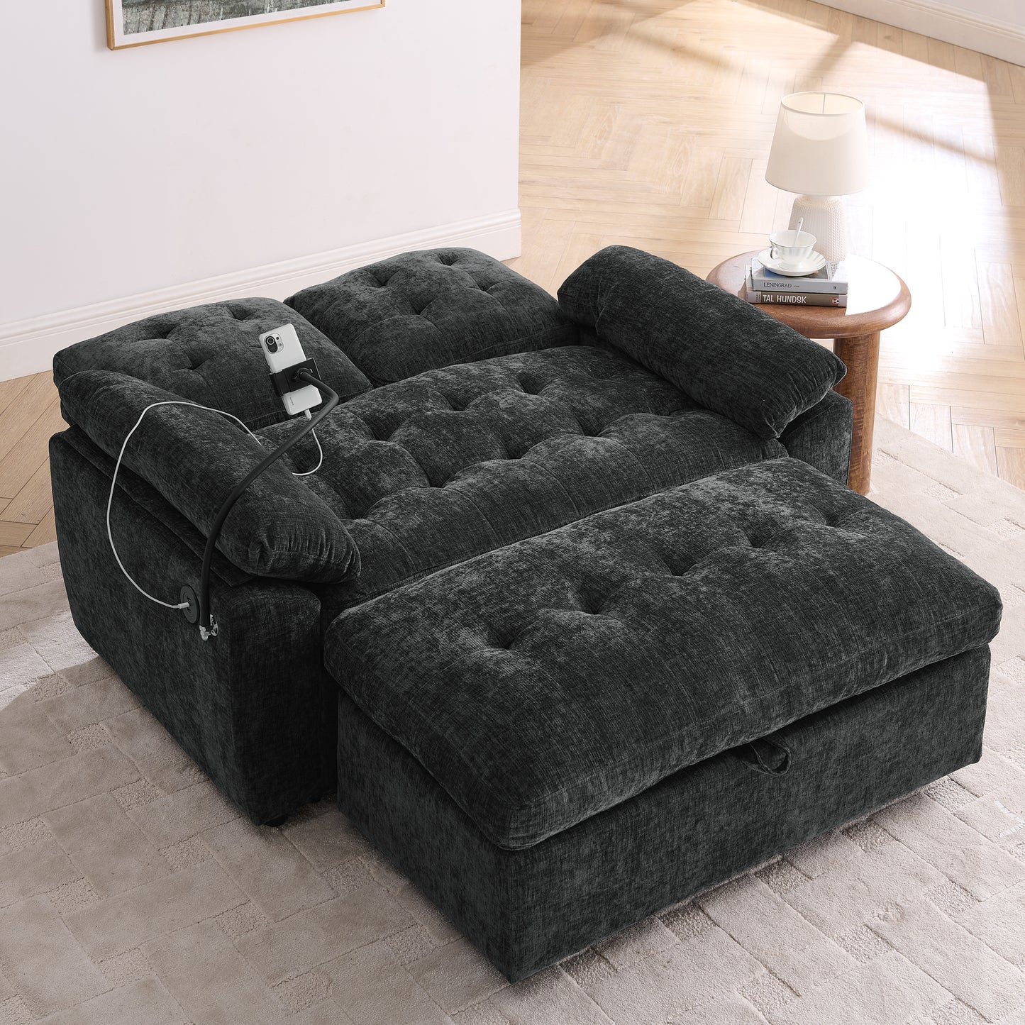 Leisure Sofa Chair,Double Sofa Recliner, With Manually Adjustable Backrest, Soft Padded Armrests, Side USB Charging Port And Phone Stand, Comes With A Matching Storage Ottoman-Black