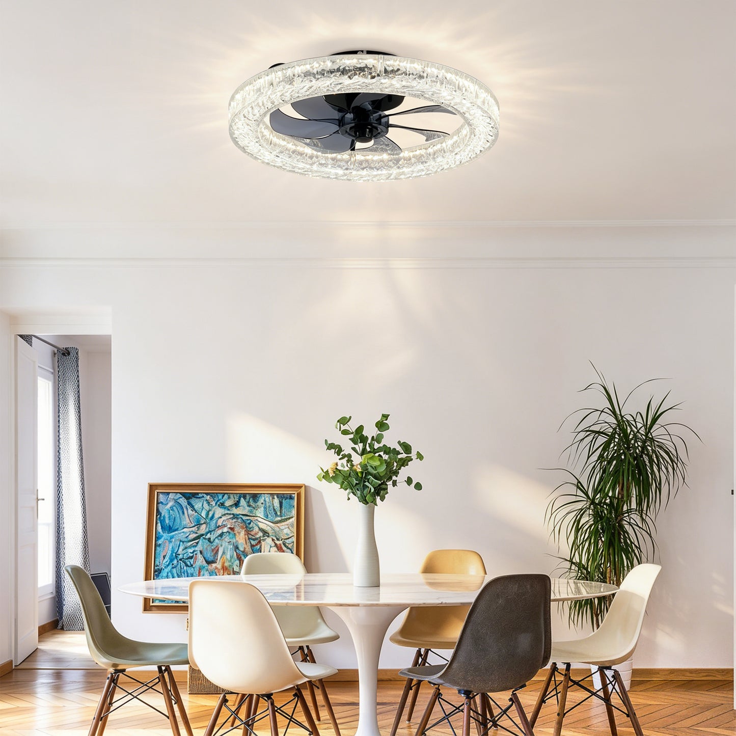 Acrylic Ice Brick Fan Light ,LED Light Source And Remote Control, 3000-6500K Dimmable Modern Flush Mount LED Fan Light, 6 Speeds, Quiet DC Motor For Living Room, Bedroom,Kitchen----Matte Black