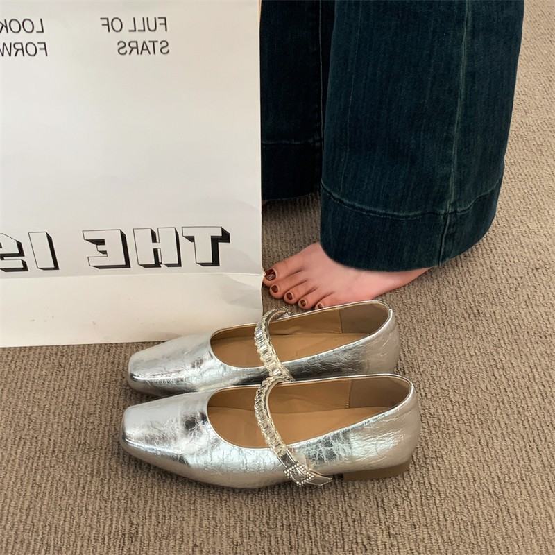 Women Minimalist Elegant Metallic Leather Flats, Square Toe Single Crystal Rhinestone Strap Slip On Lightweight Flat Casual Office Commuting Dress Shoes