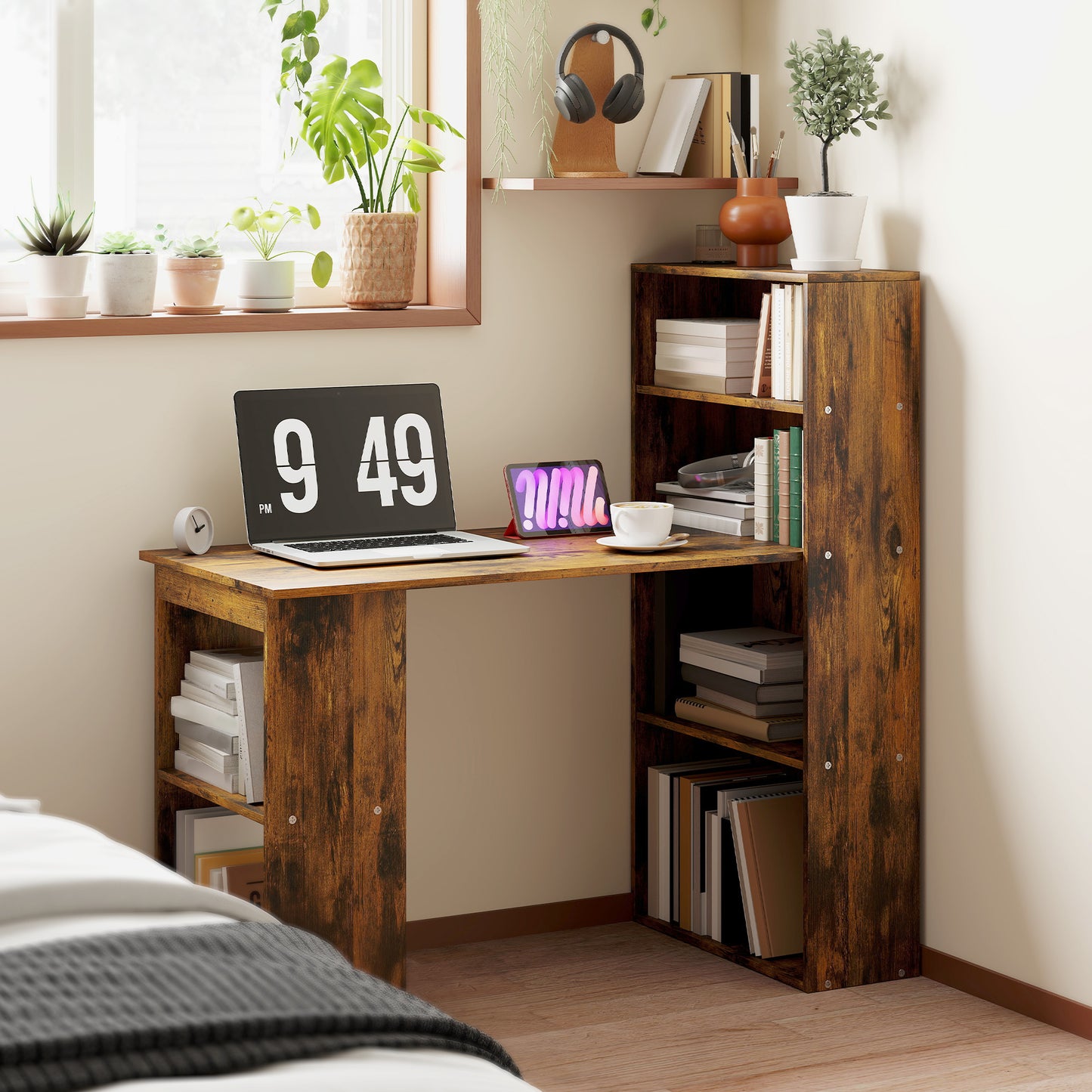 120cm Computer Desk, Wooden PC Laptop Table With 6-Tier Storage Bookshelves, Home Office Working Study Desk, Writing Workstation, Rustic Brown Wood-Effect
