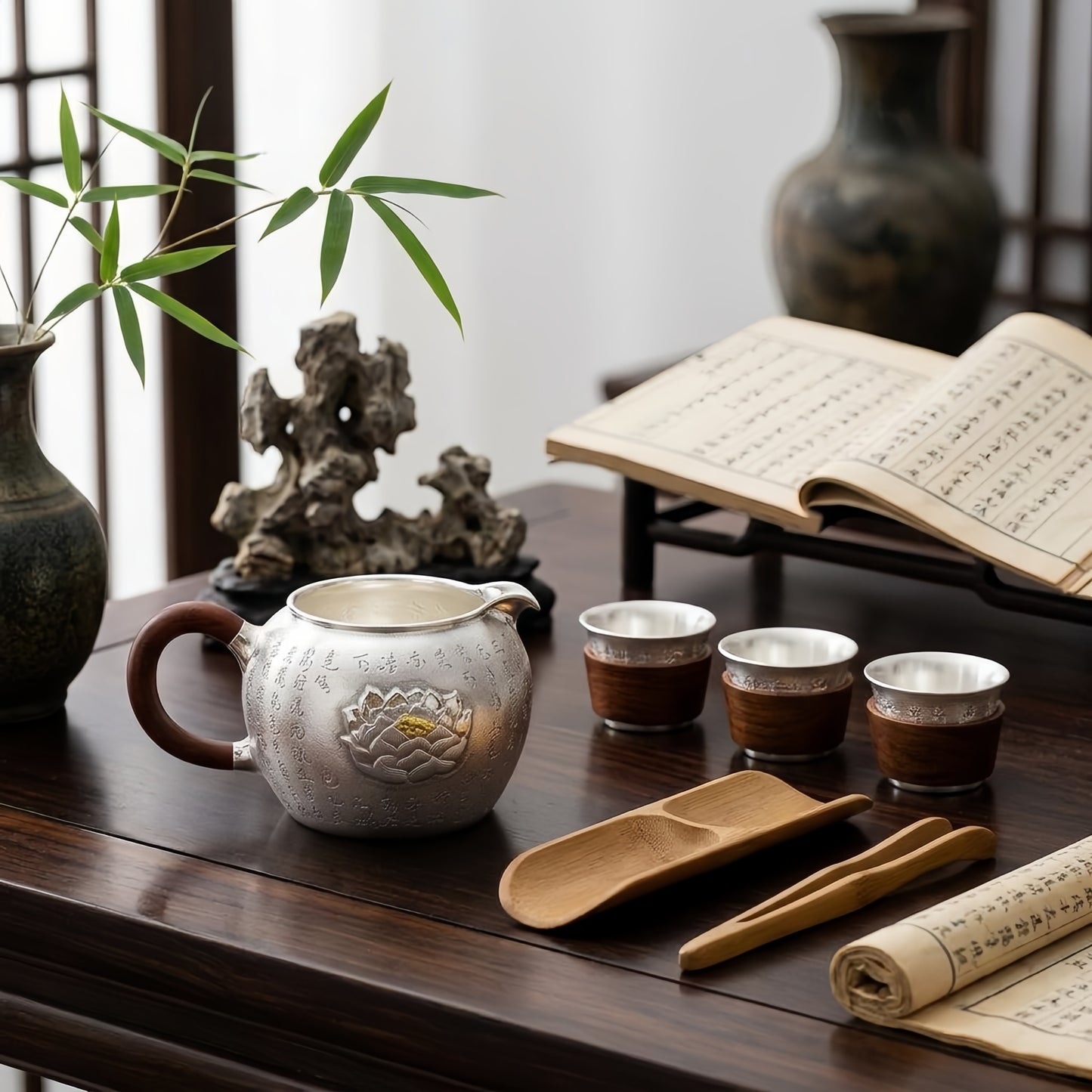 Pure 999 Fine Silver Handmade Silver Lotus Tea Pitcher with Wooden Handle and Engraved Calligraphy - Handicraft