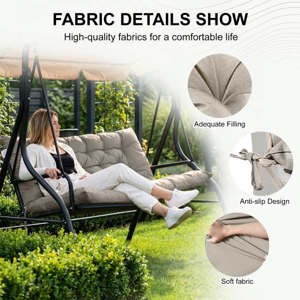 Outdoor Swing Cushions 70 Inch, Waterproof 4in Thick Porch Swing Cushion Replacement With Backrest And Ties, Comfortable 2-3 Seat Pation Swing Pad For Backyard, Garden, Lawn, Outdoor Furniture-khaki