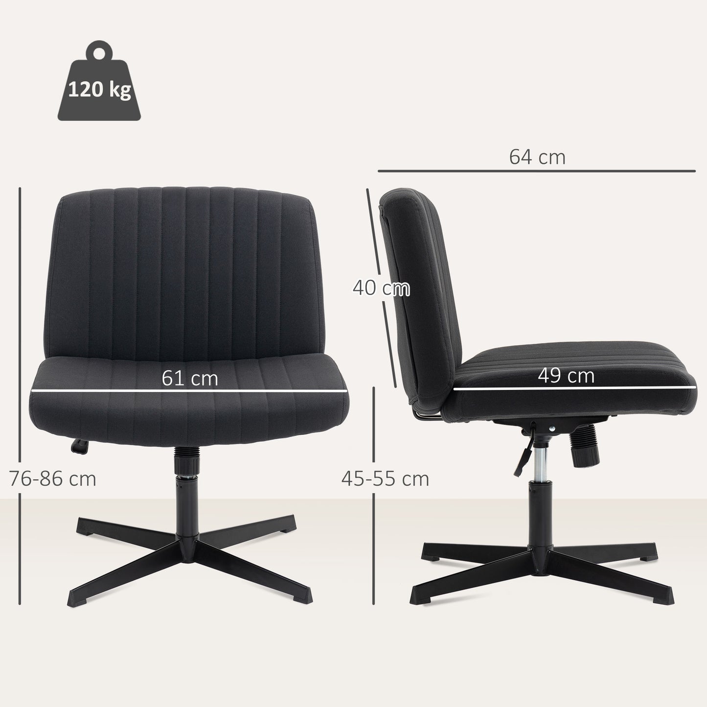 Armless Office Chair No Wheels, Linen Fabric Criss Cross Legged Desk Chair With Wide Seat, Thick Padding, Tilt Function, Height Adjustable Swivel Computer Seat For Home, Black