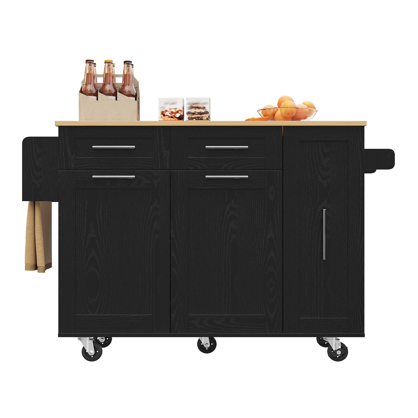 Modern Kitchen Island, Kitchen Cabinet, Buffet Cabinet, Wood-Grain Dining Cart, Multifunctional Dining Table With Storage Space, Dining Cart With Snack Shelves And Stretch Function Cabinets, Black