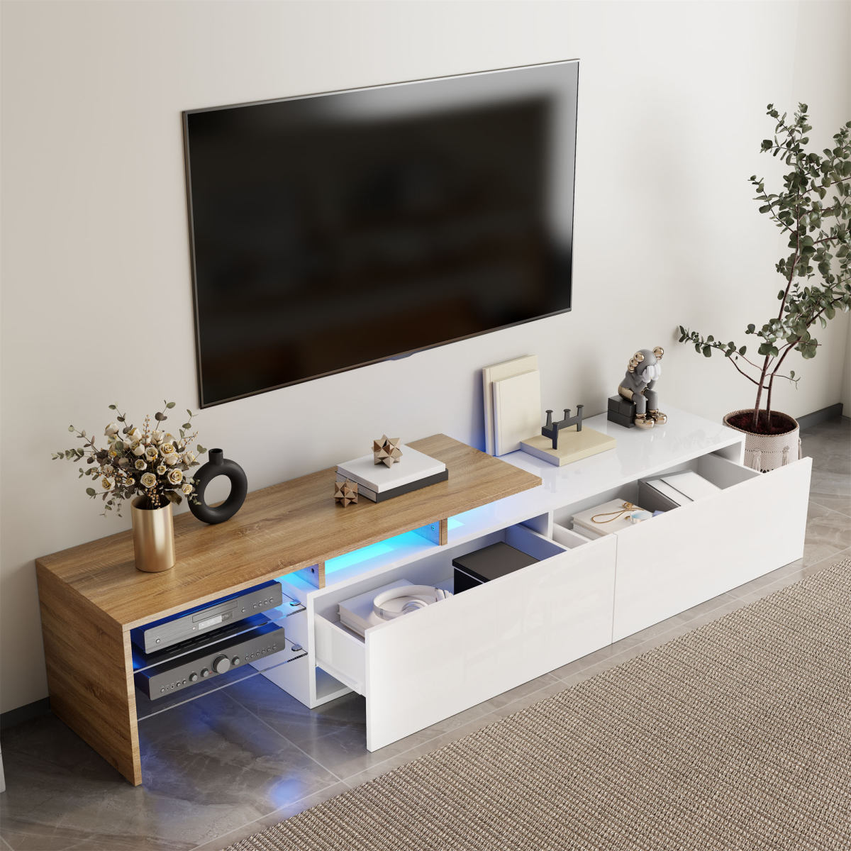 Modern TV Cabinet Design  Stylish And Elegant, Practical Storage Space, High-gloss White, Wood Look, Glass Shelves, LED Lighting