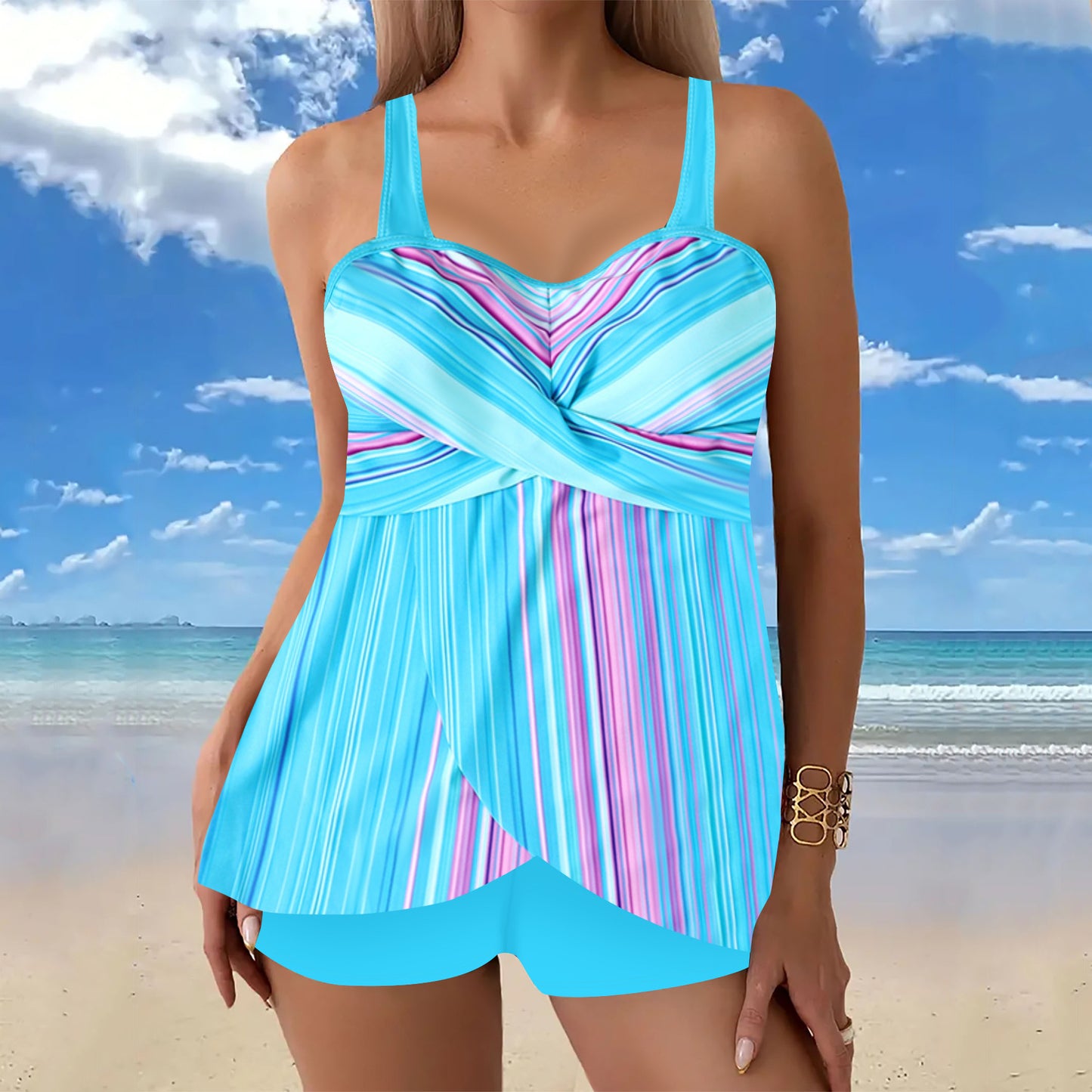 New European And American Style Gradient Print Plus Size Two Piece Boxer Swimsuit