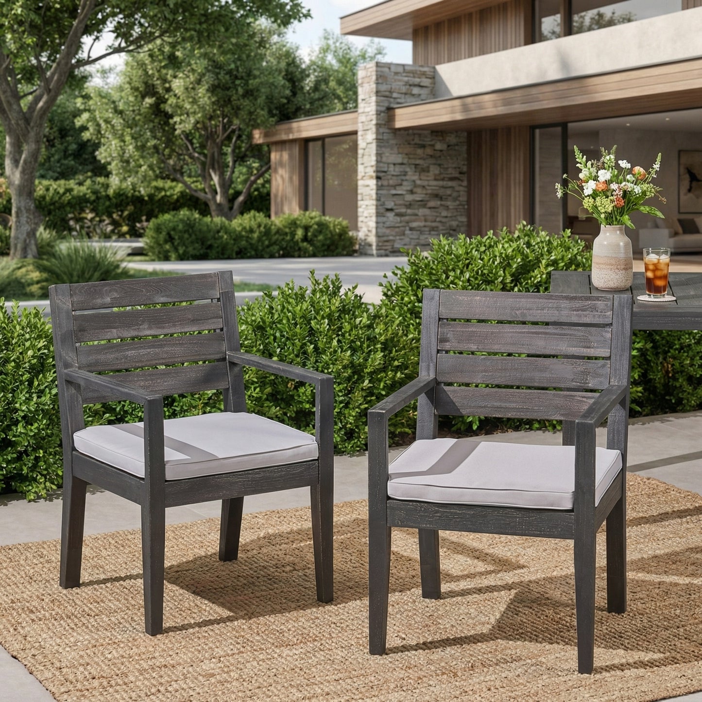 Outdoor Dining Chair Set Of 2, Dark Grey With Light Grey Cushion