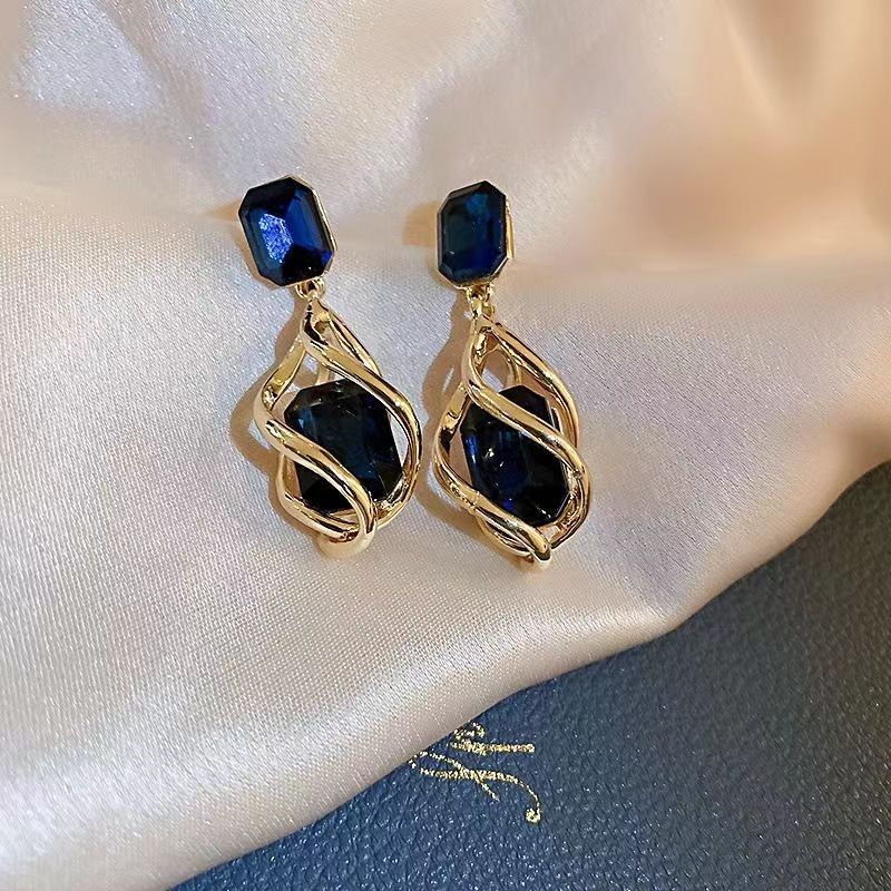 Women's Luxury Emerald Geometric Teardrop Earrings With Inlaid Diamonds, Retro Fashion Personal Dangle Studs, Versatile Elegant Light Luxury Ear Jewelry