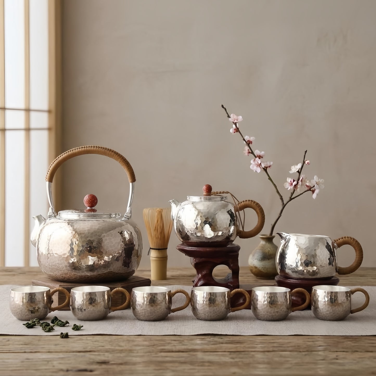 925 Sterling Silver Traditional Artisanal Tea Set with Hammered Metal and Woven Handles - Handicraft