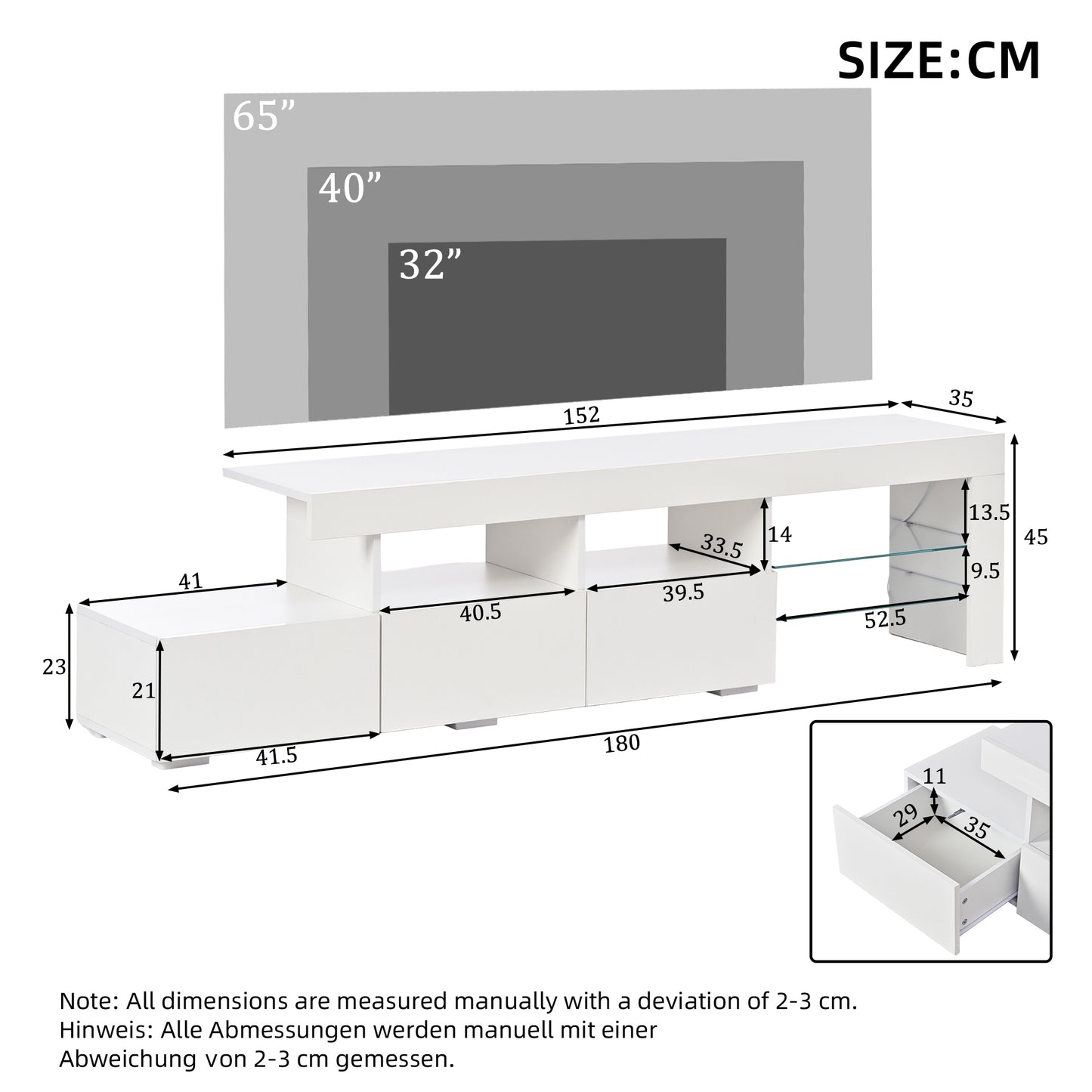 TV Cabinet With LED Lighting, High-gloss Front, Three Drawers, Suitable For TVs Up To 75 Inches, Suitable For Living Room, Bedroom And Dining Room, White, 180 X 35 X 45 Cm