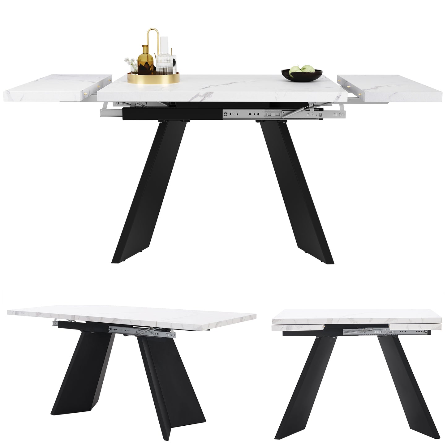 Telescopic Dining Table  99-159X74cm , Extendable Dining Table, Space-Saving Kitchen Table, Wide Work Surface, Flexible Design, For Home Office And Living Room, White Table Top With Flat Table Legs