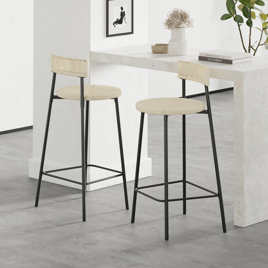 Counter Stools Set Of 2 Handwoven Paper Rope Bar Stools Boho Round Dining Pub Chairs For Kitchen  Black & Creamy White