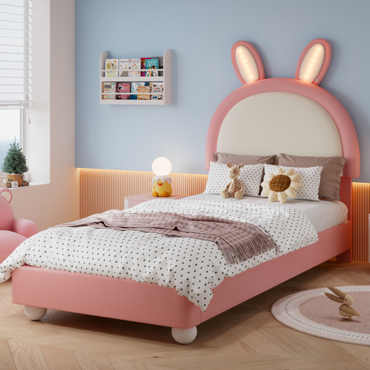 Upholstered Bed, Single Bed, Bunny-Shaped Headboard, With LED Light Strip, Soft Anti-Collision Sponge Edge, Sturdy Bed Frame, PU  Plywood, Pin K White, 90x200cm