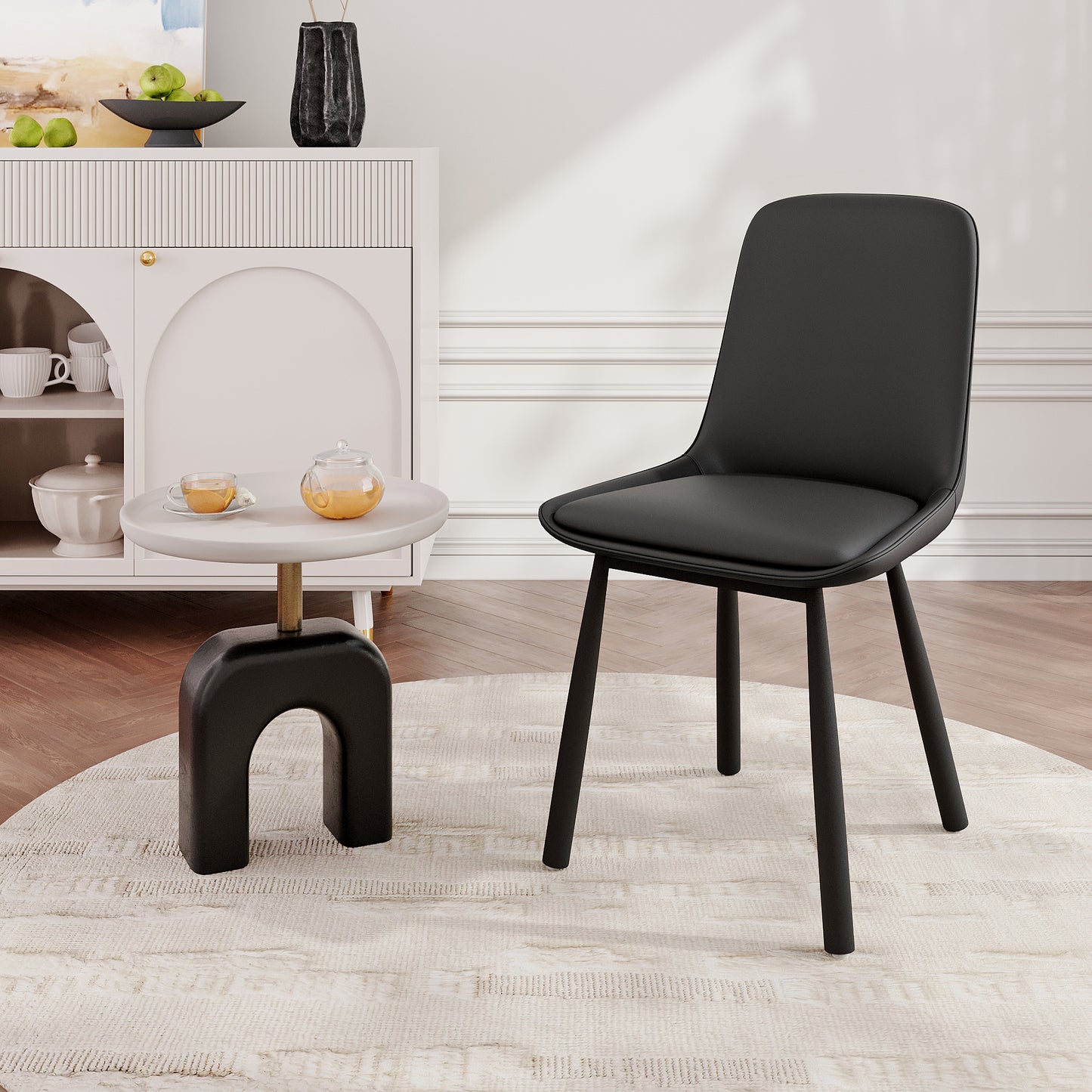 Modern Minimalist Black Faux Leather Dining Chairs Set Of 2, Iron Legs, Nordic Style Upholstered Backrest Chairs For Kitchen & Living Room