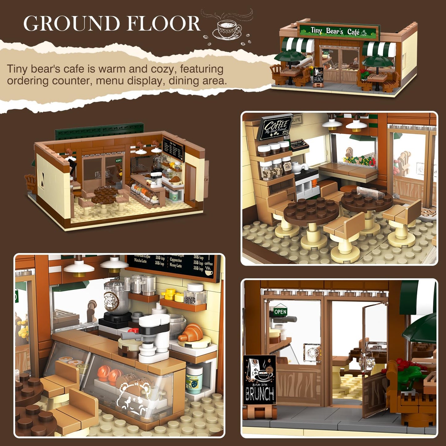 City Coffee House Building Set With Light, 1173 PCS Cafe Shop Building Block Toy With Ordering Counter Baking Room, House Construction Model Gift For Adults Teens Kids Boys Girls