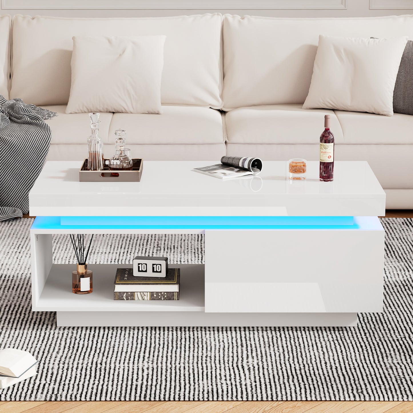 Modern High-gloss Coffee Table With LED Lighting, 100x50x40.3 Cm - Elegant Table With Drawer And 50 Kg Load Capacity