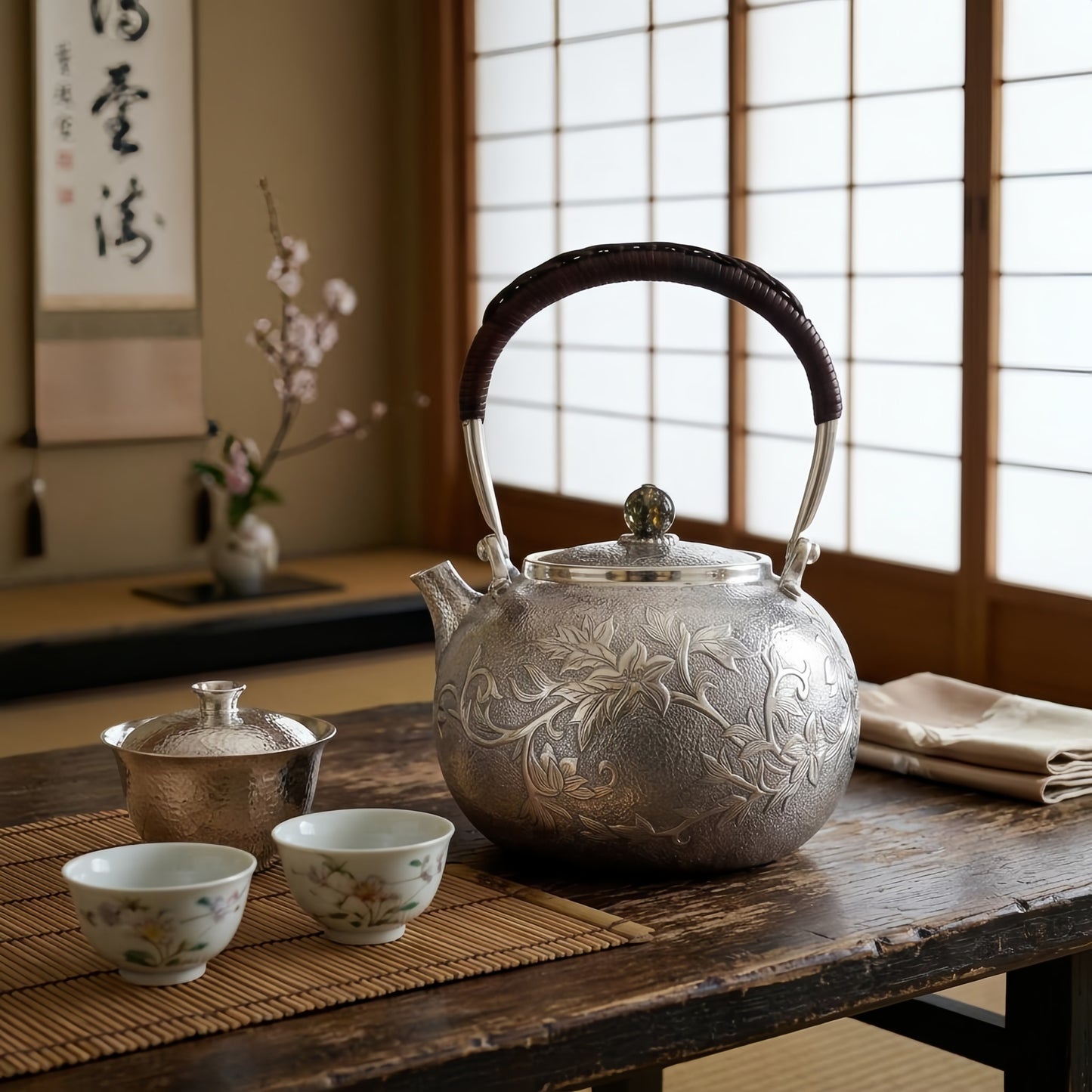925 Sterling Silver Elegant Handcrafted  Tea Kettle with Floral Engraving and Wooden Handle-Fine Teapot with Handle - Handicraft