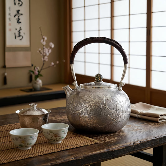 925 Sterling Silver Elegant Handcrafted  Tea Kettle with Floral Engraving and Wooden Handle-Fine Teapot with Handle - Handicraft