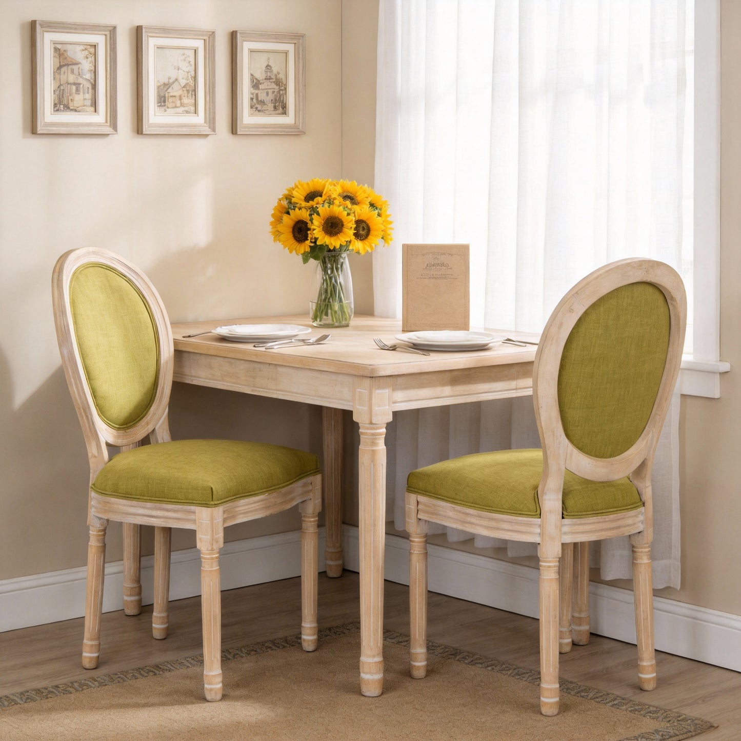 French Country Dining Chairs Set Of 2, Upholstered  Chairs With  Round Back,   For Living Room, Kitchen , Restaurant Use, Green