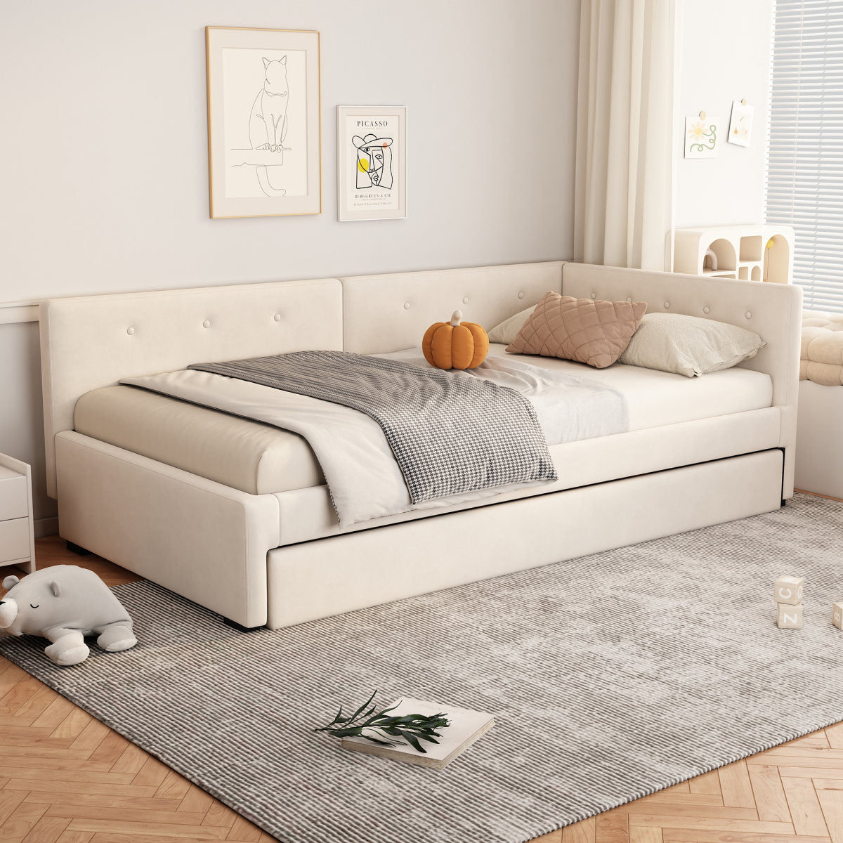 Daybed 90x200cm, Daybed With Rollaway Bed, Sofa Bed, Single Bed  Without Mattress , Minimalist Styling, Beige