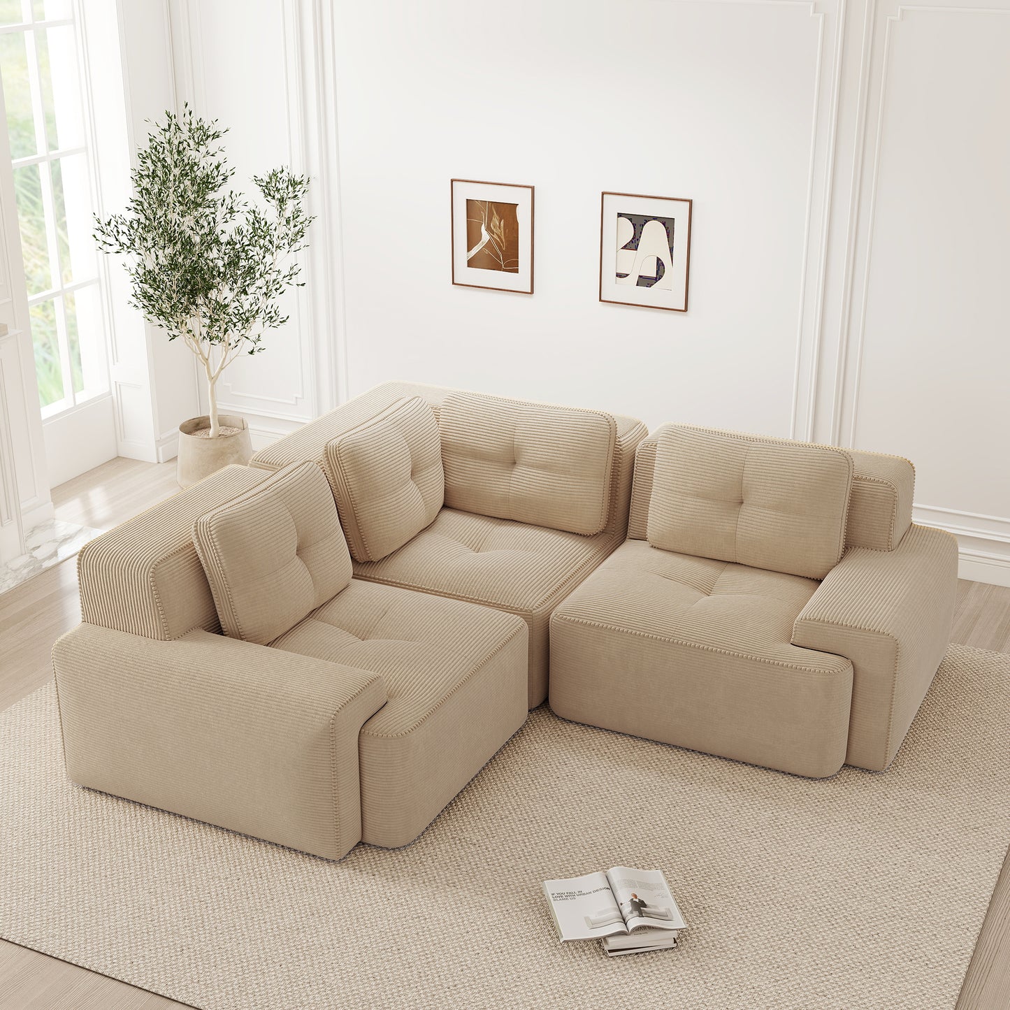 Frameless Sofa For Living Room, Office Sofa, Modular Combination Sofa, Comfortable Upholstered Low Seat Sofa In Corduroy, No Assembly Required, Non-slip Design.Beige