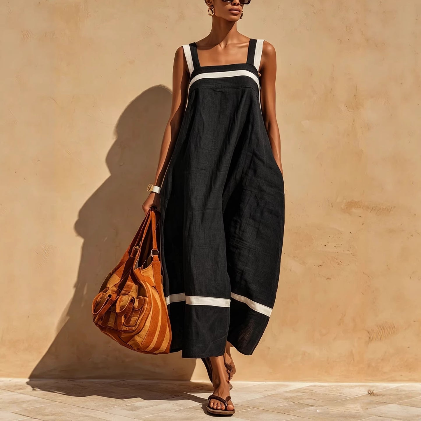 Women's Summer Strap Color-Block Casual Fashion Loose Pocket Dress