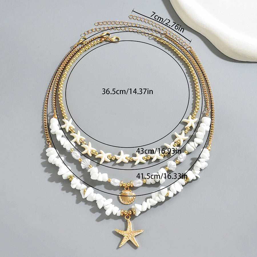 European American Cross-border Boho Women Necklace, Niche Clavicle Chain With Irregular Faux Pearl, Starfish & Shell Pendant, Versatile Daily Neck Accessories