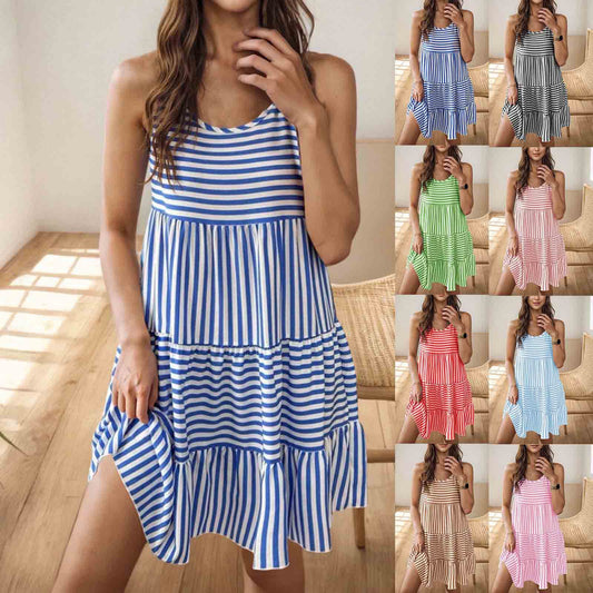 Womens Fashion Striped Printed High-waisted Slim-fit Strap Dress
