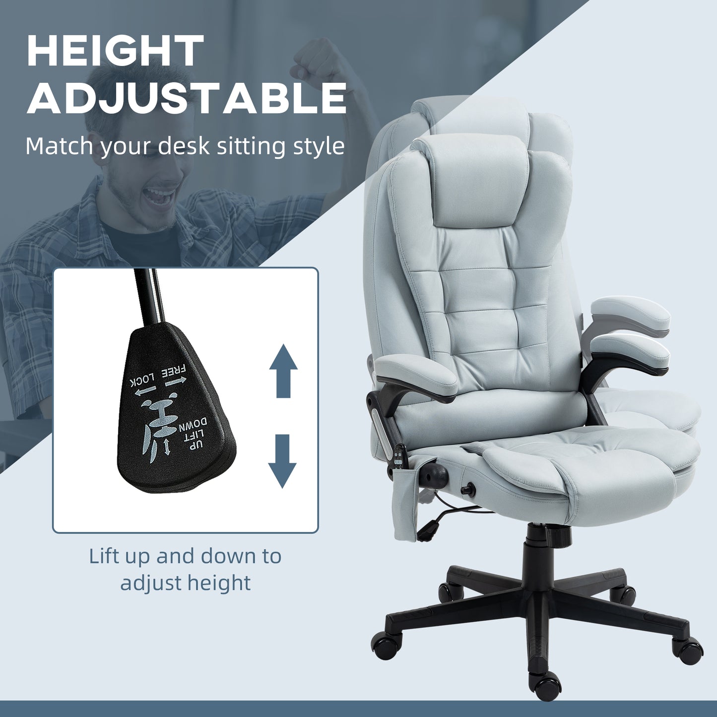 6 Point Vibrating Massage Office Chair with Heat, Microfiber Massage Desk Chair with Reclining Backrest, Light Gray