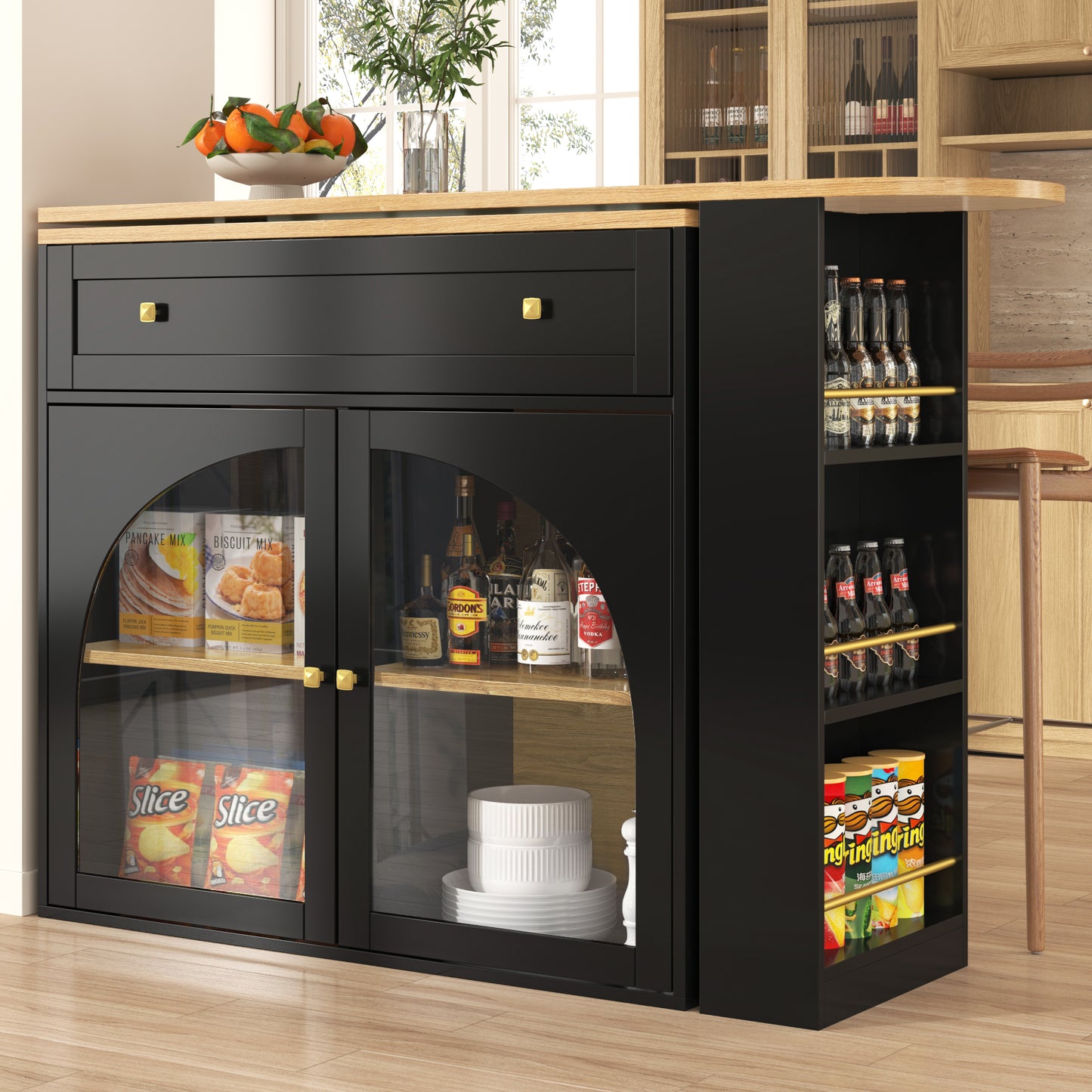 Extendable Bar Table With Storage  138-204x39x104cm , 360 Rotatable Edible,Modern Movable Bar Table,High Table Kitchen Island Bistro Table, Sideboard Cabinet With Shelves And Glass,Black