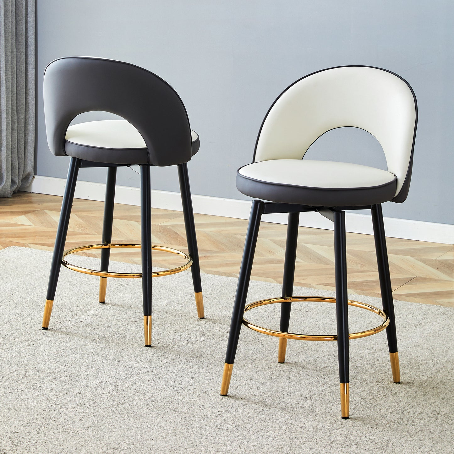 360  Rotatable Bar Chair.Modern White And Dark Gray Spliced Color PU Comfortable Upholstered Bar Chair With Smooth And Beautiful Black Metal Legs For Dining Room, Kitchen, Terrace.Set Of 2.