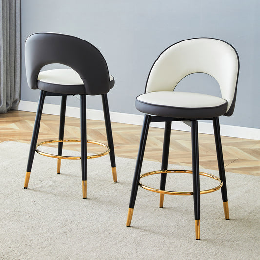 360  Rotatable Bar Chair.Modern White And Dark Gray Spliced Color PU Comfortable Upholstered Bar Chair With Smooth And Beautiful Black Metal Legs For Dining Room, Kitchen, Terrace.Set Of 2.