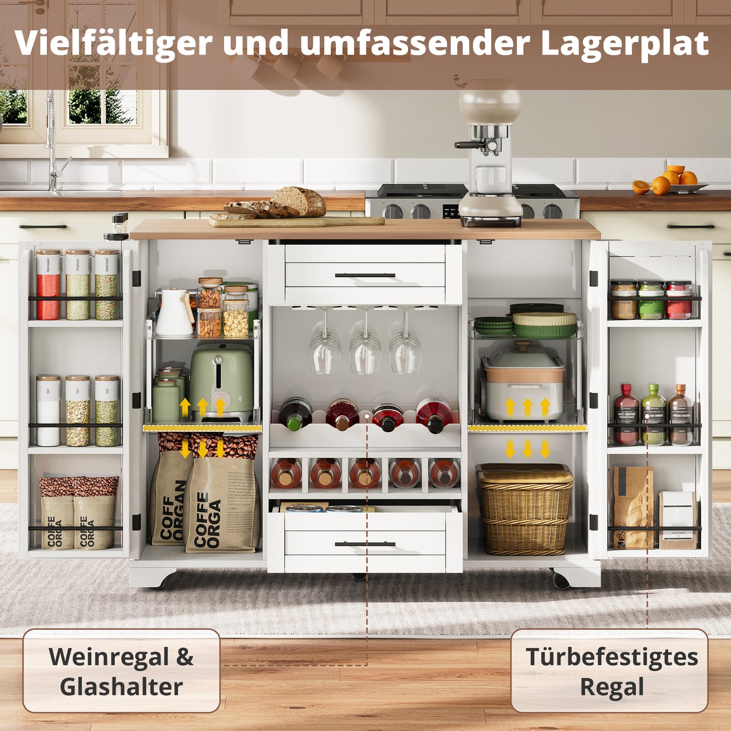 Kitchen Trolley With Folding Worktop, Kitchen Island On Wheels With Wine Rack, Glass Holder, Spice Rack & Towel Rack, 120x45 70x92cm, White   Multifunctional Serving Trolley With Storage