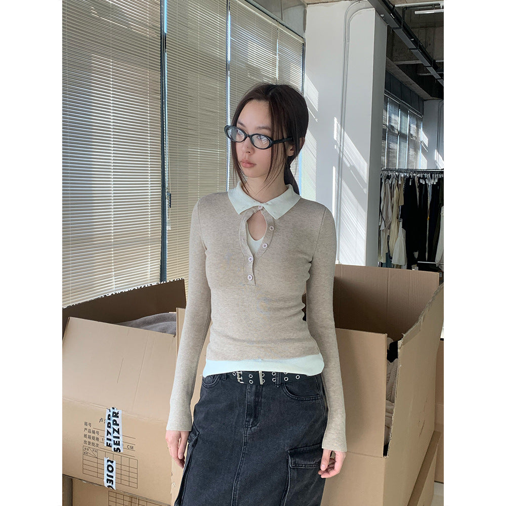 Korean Spring Stacked-Look Fake Two-Piece Color-Block Knit Sweater