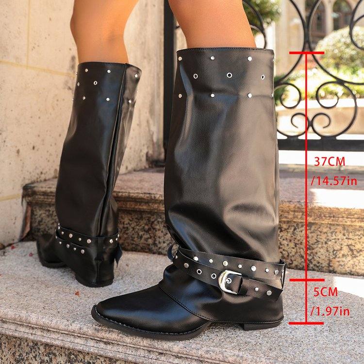 New Retro Pointed Toe Rivet Slouch Boots, Dark Aesthetic Black Block Heel Stacked Boots With Metal Buckle For Women