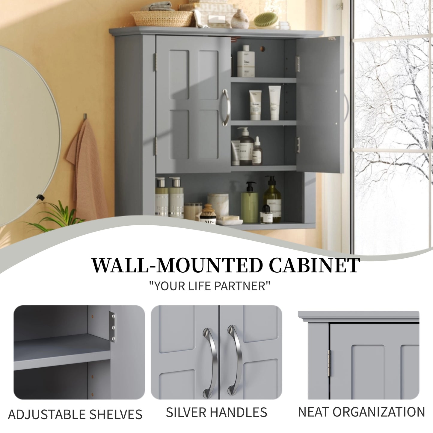 Bathroom Wall Storage Cabinet,  Multi -functional Wall Mounted Cabinet With Adjustable Shelves, Medicine Cabinet For Laundry Room & Kitchen & Living Room, Gray