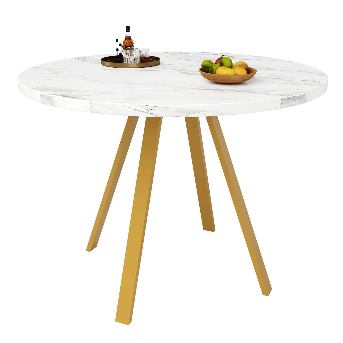 Round Dining Table  80x80x75cm , Kitchen Dining Table, Round Coffee Table For 4 People, Suitable For Dining Room, Living Room, Metal Table Legs, White Marble Pattern And Golden Table Legs