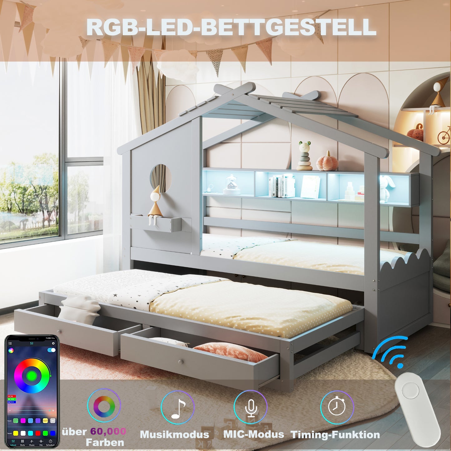 Cot 90X200, With Trundle Bed 90X190, House-shaped Design, With Two Drawers, With USB And Type-C Charging Ports And LED, With Shelves, Multifunctional Bed, Gray