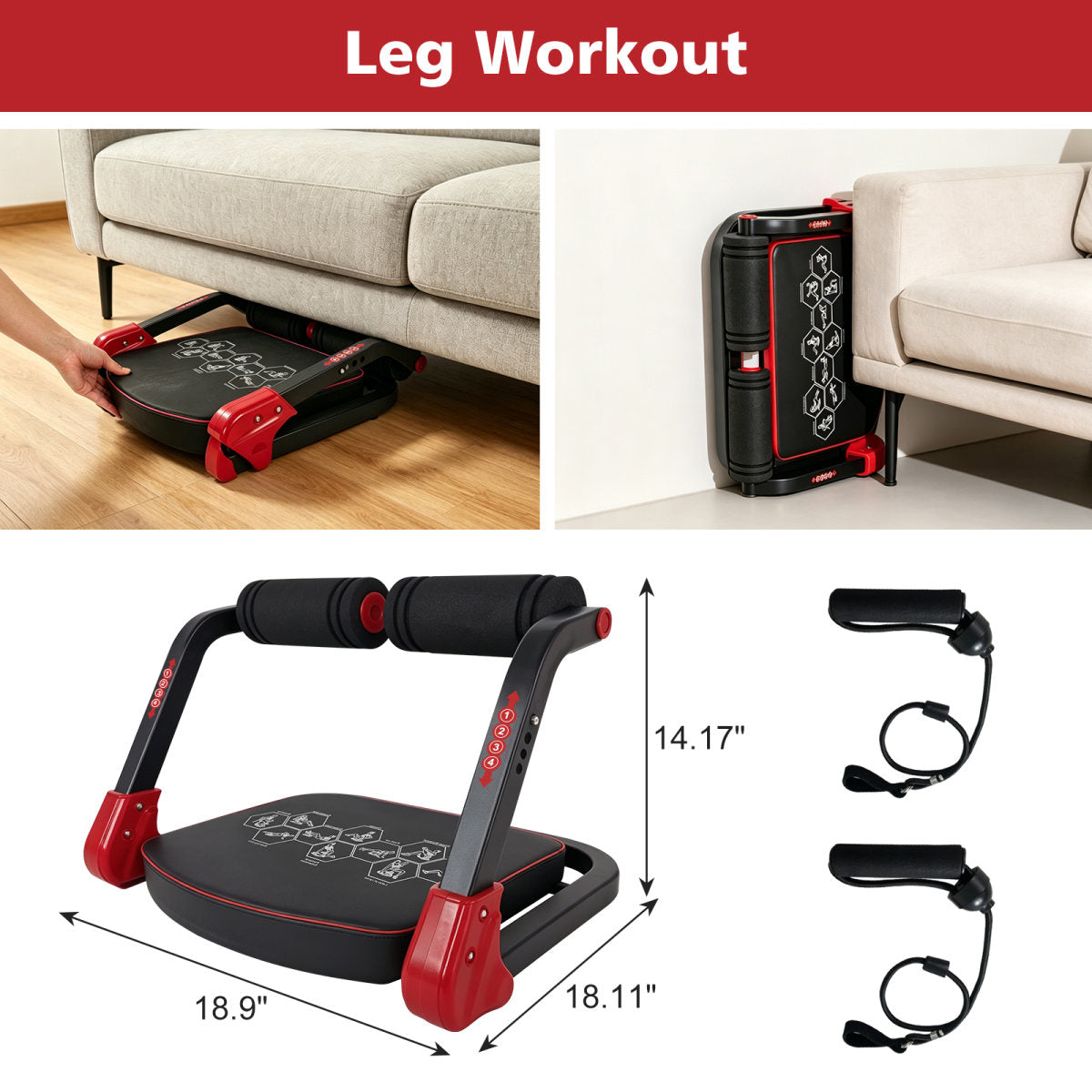 Ab Core Trainer Abdominal Machine For Home Gym With Resistance Bands Red
