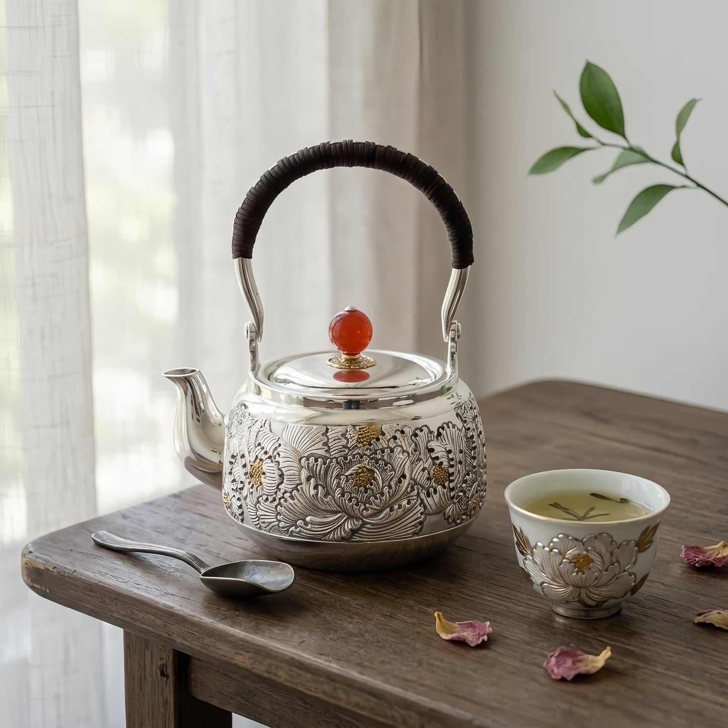 925 Sterling Silver Handcrafted Silver Tea Kettle with Intricate Floral Engravings and Red Gemstone Finial - Handicraft