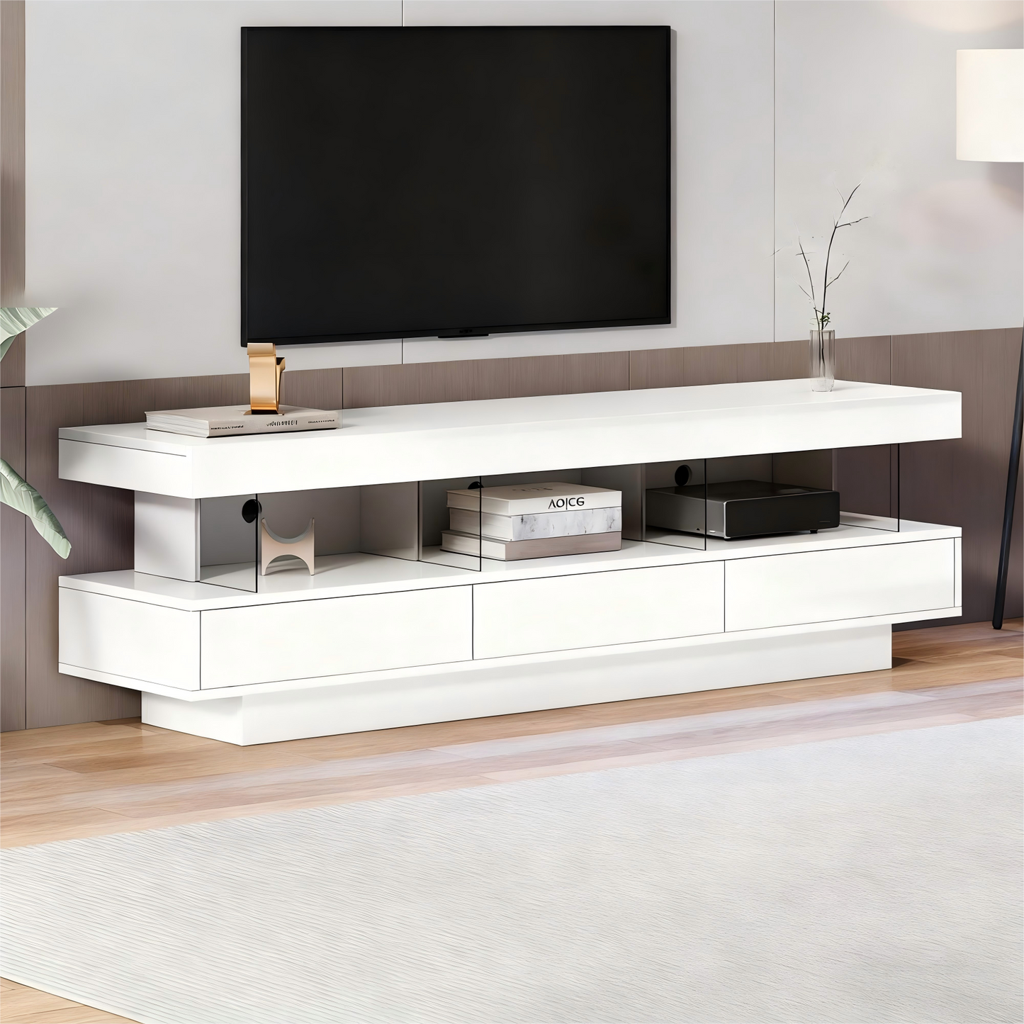 160x38x50.5cm White High Gloss TV Cabinet With 3 Glass Compartments, LED Lighting, App Control, Bluetooth Connected, For 70 Inch TV,High Gloss With Glass TV Stand,Smart TV Cabinet