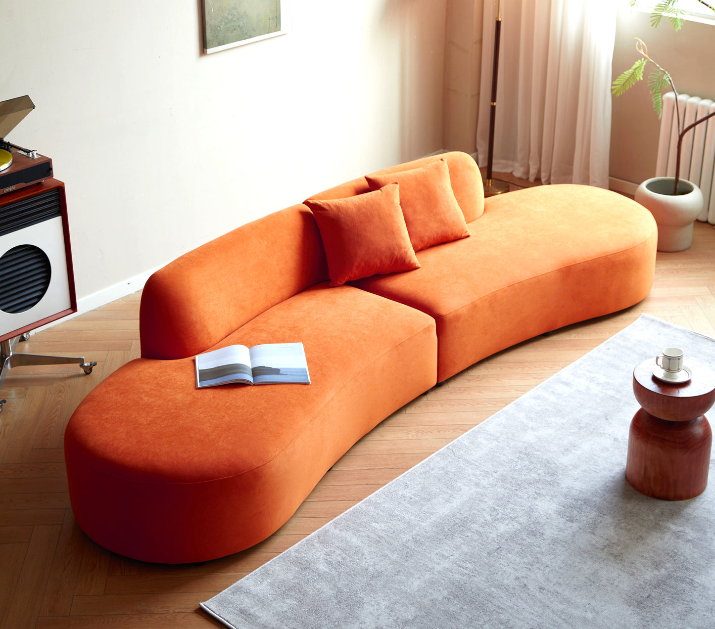 132   Curved Sofa With Throw Pillows, 6 Seater Luxury Velvet Couch With Half Moon Design And High-Density Foam, Ideal For Modern Living Room, Office & Apartment, Red Orange