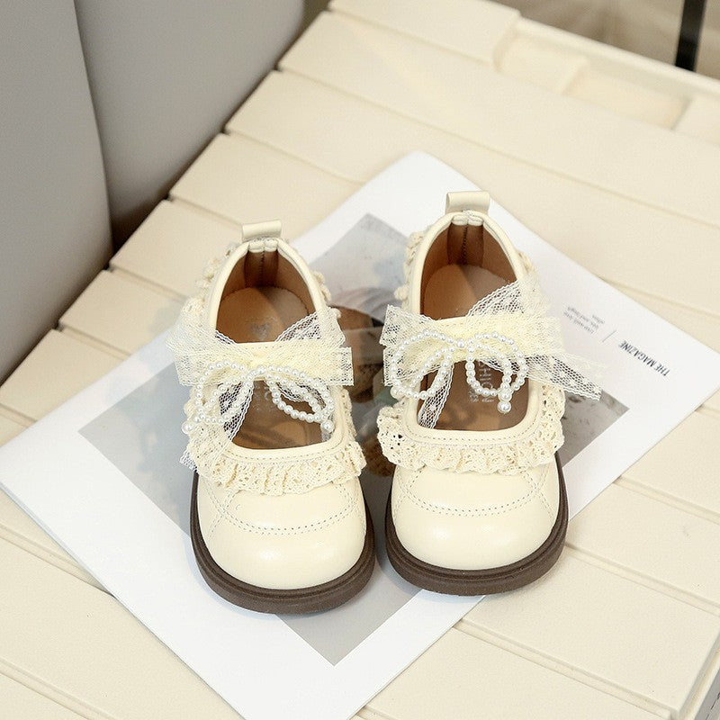 2026 Spring New Arrival Girls' Fashion Lace Trim Flat Shoes, Korean Style Bow Princess Shoes, Kids Fashion Leather Shoes