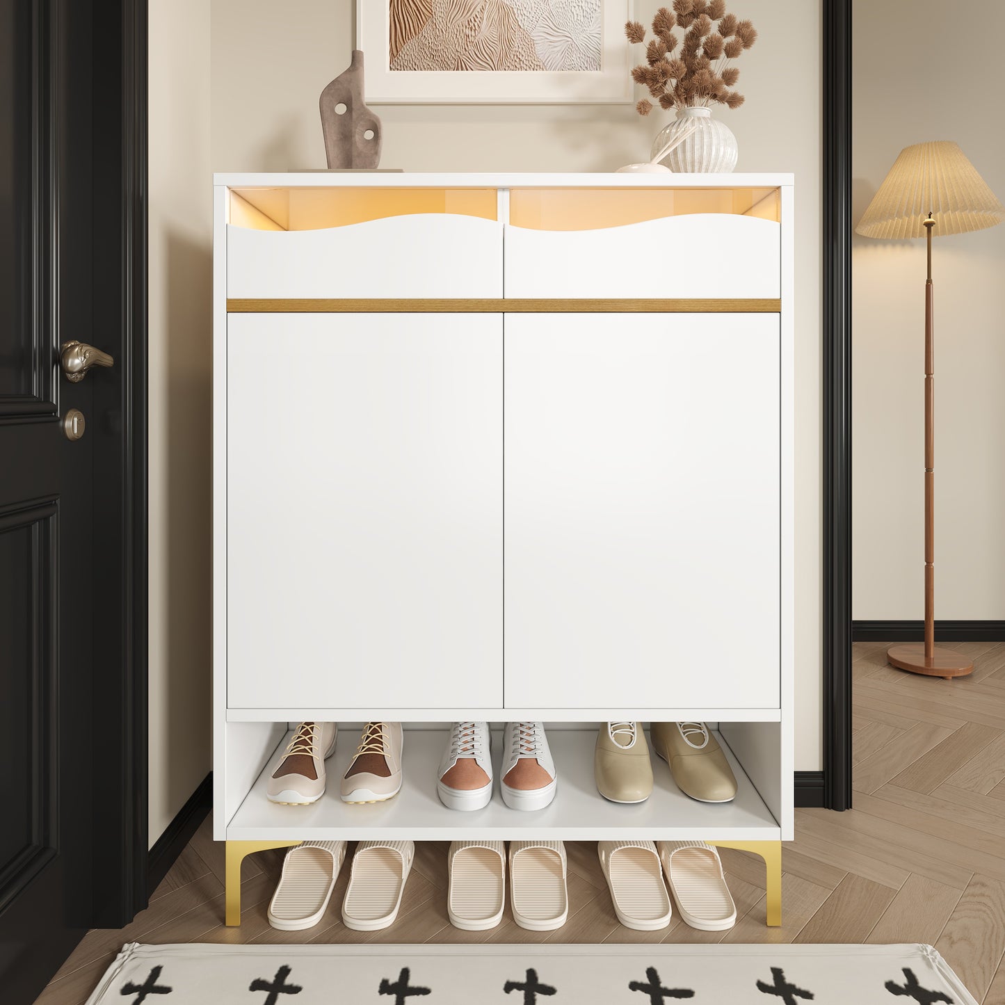 Modern White Shoe Cabinet With LED 16 Colours  Space-saving Hallway Cabinet 80x35x105 Cm With Drawers & Shelves  Storage Space, Design, Lighting For Hallway, Living Room & Entrance Area