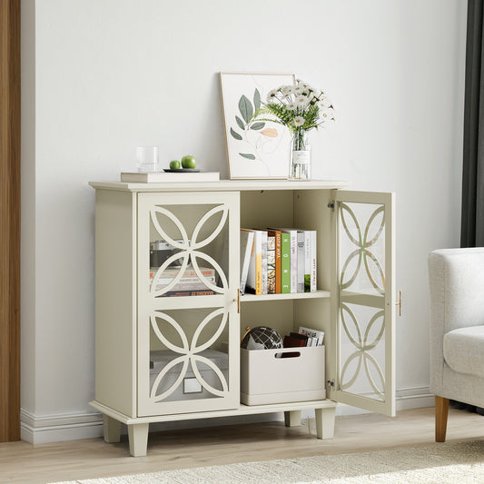 Sideboard With Adjustable Shelves, Freestanding Bathroom Cabinet With Hard Glass Doors, Modern Retro Kitchen Console Table, Decorative Storage Cabinet With Two Doors, Cream