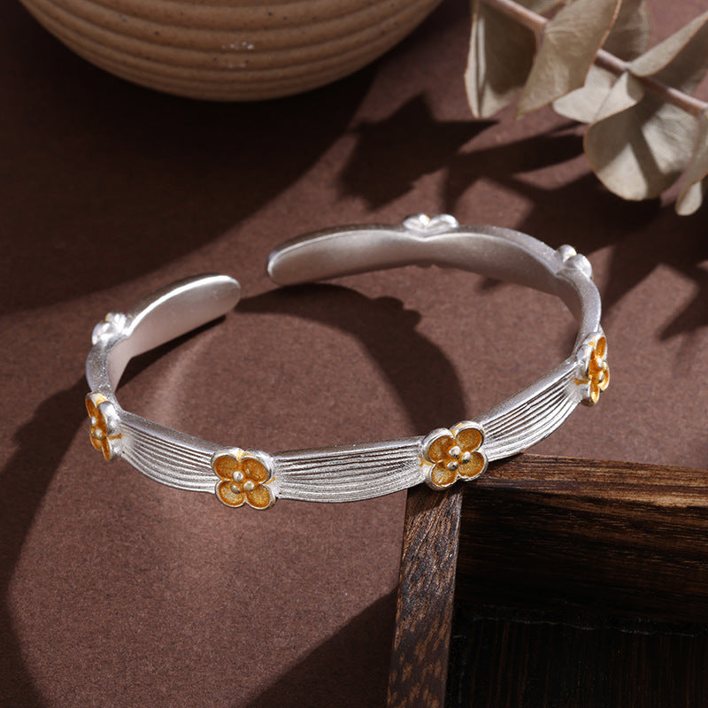1pcs 925 Sterling Silver Two-Tone Plum Blossom Striped Open Cuff Bangle, Gentle Oriental Style, For Daily Wear & Women Holiday Gifts