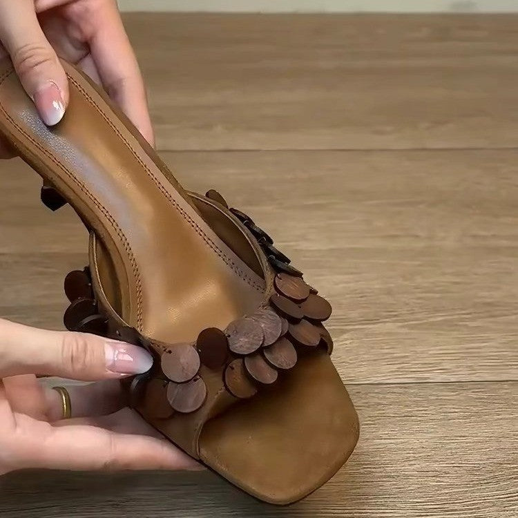2026 New Women French Scale Texture Square Toe Stiletto Mules, Vintage One Strap Slide Sandals, Outdoor High Heel Slippers